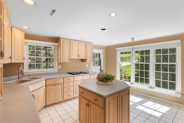 2650 Quail Hill Dr, Upper St Clair, PA 15241 - kitchen featuring light brown cabinets, a sink, plenty of natural light, light tile patterned flooring, and recessed lighting