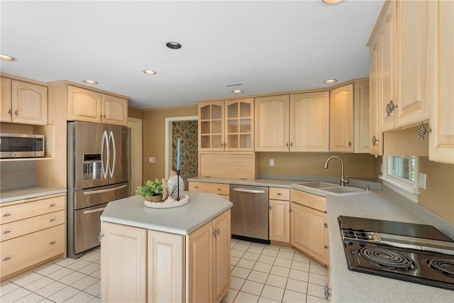 2650 Quail Hill Dr, Upper St Clair, PA 15241 - kitchen featuring light brown cabinets, appliances with stainless steel finishes, a sink, light tile patterned flooring, and recessed lighting