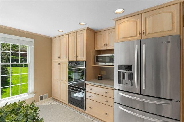 2650 Quail Hill Dr, Upper St Clair, PA 15241 - kitchen with stainless steel appliances, light brown cabinets, light tile patterned floors, recessed lighting, and baseboards