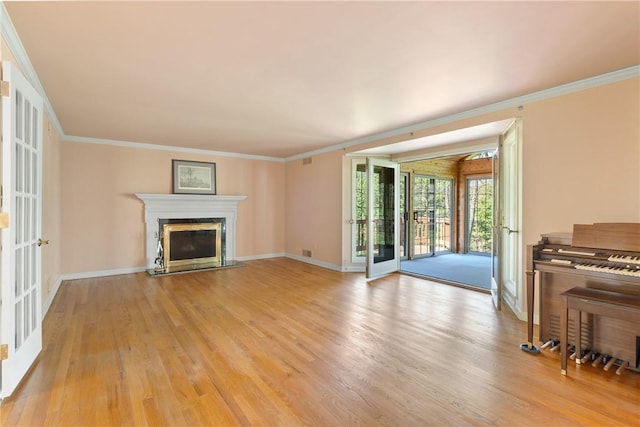 2650 Quail Hill Dr, Upper St Clair, PA 15241 - unfurnished living room featuring light wood-style floors, french doors, a high end fireplace, crown molding, and baseboards