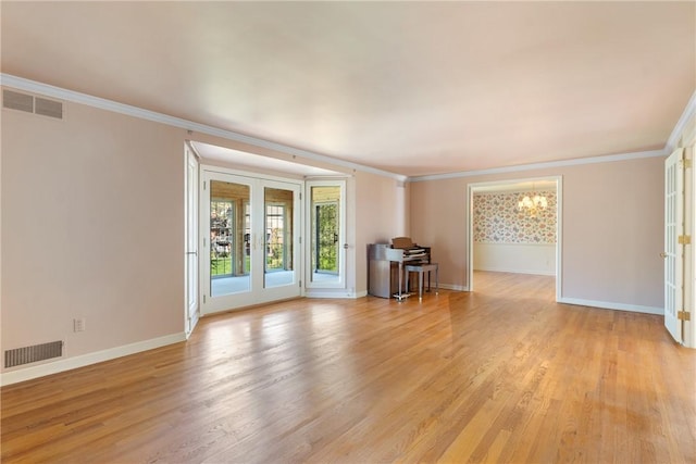 2650 Quail Hill Dr, Upper St Clair, PA 15241 - unfurnished living room featuring french doors, ornamental molding, baseboards, a chandelier, and light wood finished floors