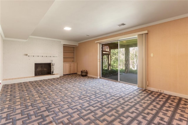 2650 Quail Hill Dr, Upper St Clair, PA 15241 - unfurnished living room featuring carpet floors, ornamental molding, a fireplace, and baseboards