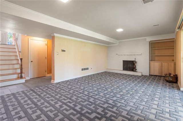 2650 Quail Hill Dr, Upper St Clair, PA 15241 - unfurnished living room with carpet, a brick fireplace, baseboards, crown molding, and stairway