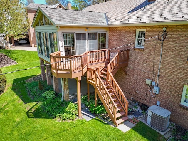 2650 Quail Hill Dr, Upper St Clair, PA 15241 - rear view of property with stairway, a chimney, a deck, and central AC