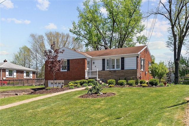 ranch-style home with brick siding, fence, a front yard, and a chimney
