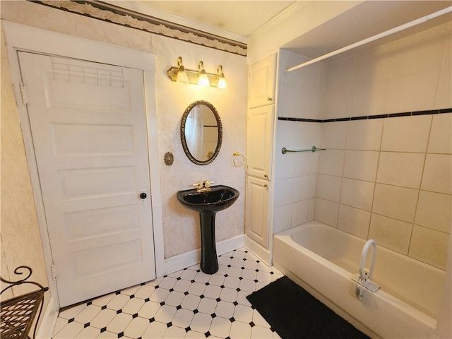 828 Butler Ave, New Castle/4Th, PA 16101 - full bath with baseboards, washtub / shower combination, crown molding, and tile patterned floors