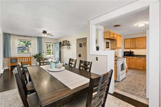 dining space featuring ceiling fan and wood finished floors