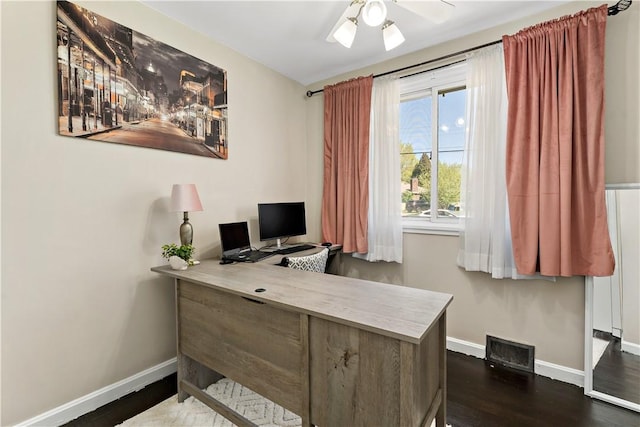 office with dark wood-style flooring, baseboards, visible vents, and ceiling fan