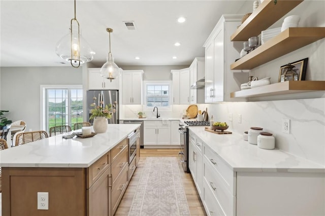 kitchen with a sink, open shelves, a wealth of natural light, and stainless steel appliances