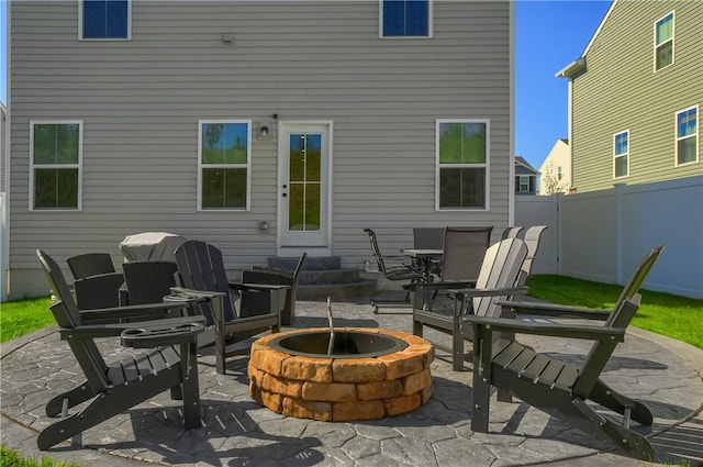 418 Fosse Ct, Lancaster Twp, PA 16037 - view of patio / terrace featuring entry steps, fence, and a fire pit