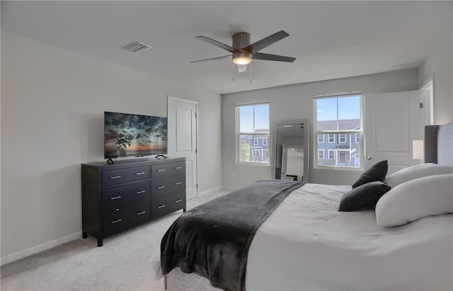 418 Fosse Ct, Lancaster Twp, PA 16037 - bedroom with visible vents, a ceiling fan, baseboards, and light carpet