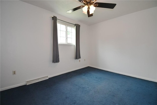 spare room with baseboards, ceiling fan, visible vents, and dark carpet