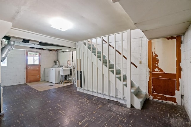 327 Pinehaven Dr, Upper St Clair, PA 15241 - below grade area with washer and dryer, concrete block wall, and stairs