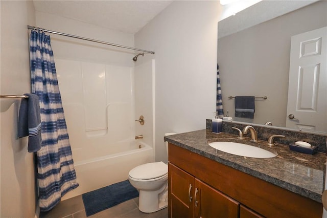 full bathroom with toilet, shower / bathtub combination with curtain, and vanity