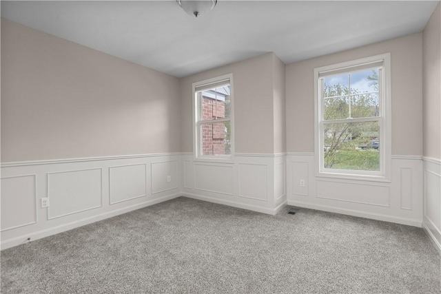 carpeted spare room featuring plenty of natural light and a wainscoted wall
