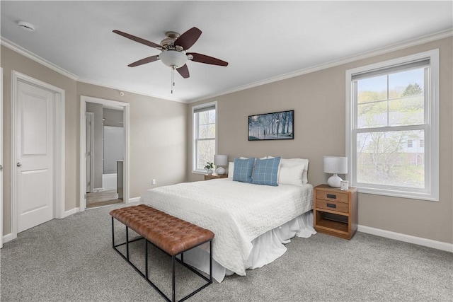 bedroom with crown molding, a ceiling fan, baseboards, and carpet floors