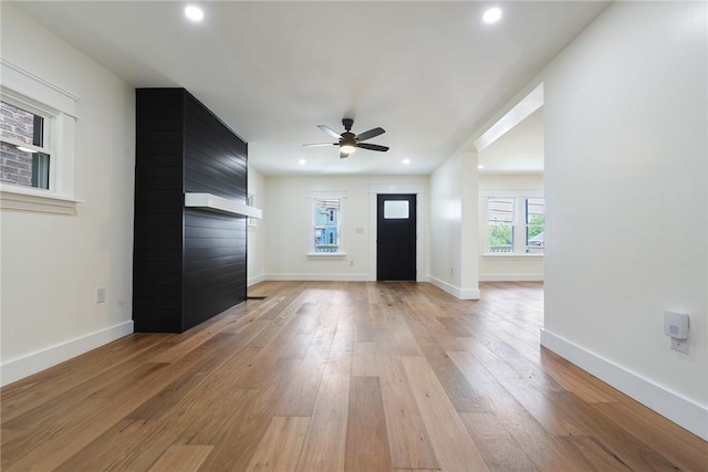 1203 Berkshire Ave, Brookline, PA 15226 - foyer entrance with ceiling fan, a fireplace, recessed lighting, and light wood-style flooring