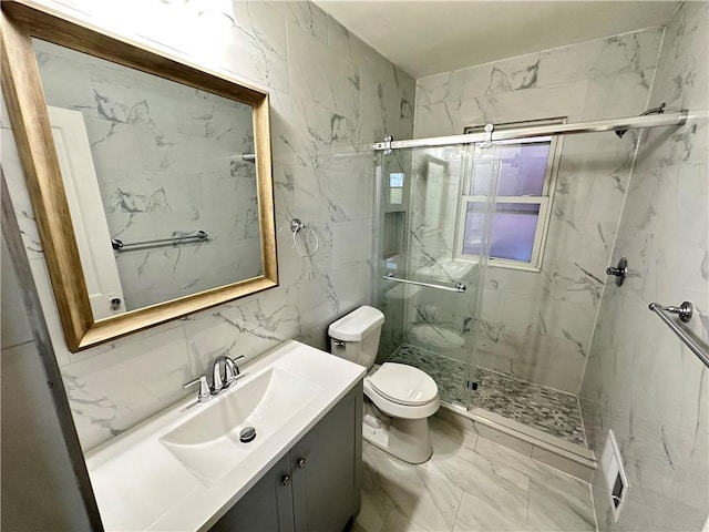 bathroom with toilet, visible vents, a marble finish shower, and marble finish floor