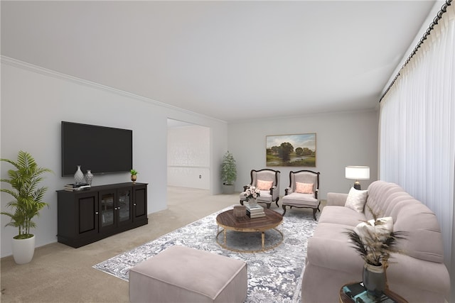 carpeted living area featuring crown molding