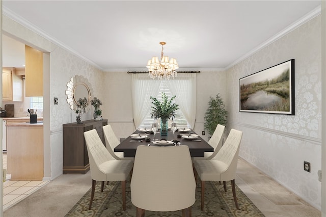 dining space with plenty of natural light, wallpapered walls, and a notable chandelier