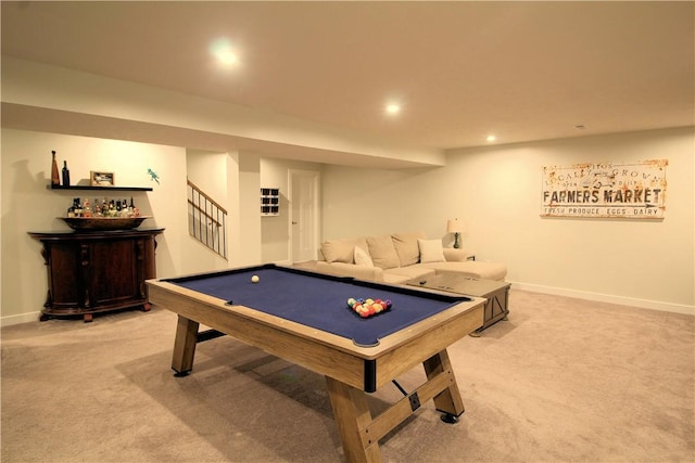 rec room featuring light carpet, a dry bar, recessed lighting, baseboards, and billiards