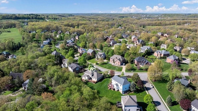 bird's eye view with a residential view and a wooded view