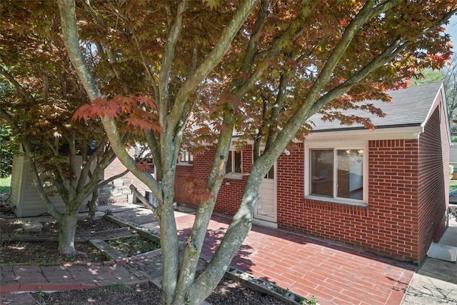 view of front of property with roof with shingles, a patio area, and brick siding