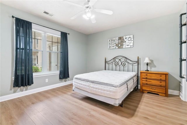 bedroom featuring light wood-style floors, baseboards, and visible vents