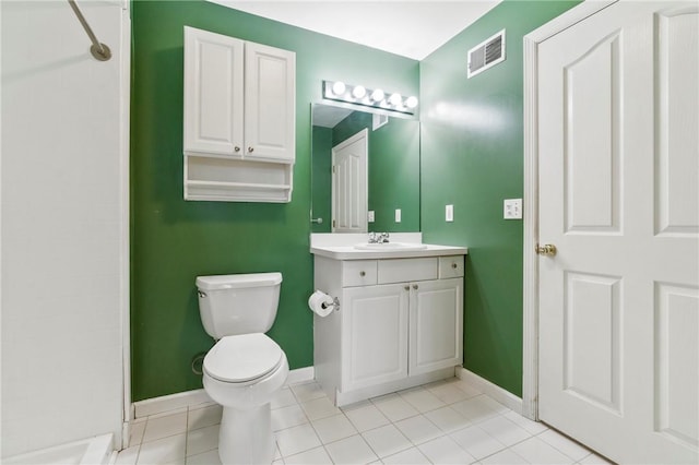 bathroom featuring vanity, toilet, baseboards, a shower, and visible vents