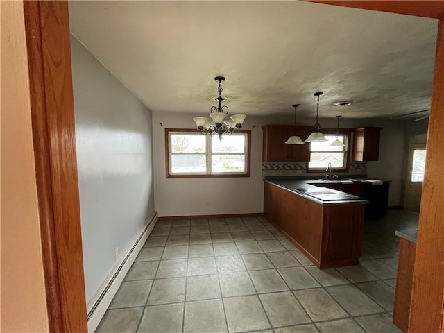 246 Anderson Ave, Indiana Boro Ind, PA 15701 - kitchen with dark countertops, an inviting chandelier, a sink, baseboard heating, and a peninsula
