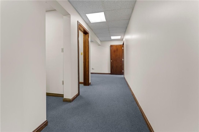 corridor with baseboards, carpet flooring, and a paneled ceiling