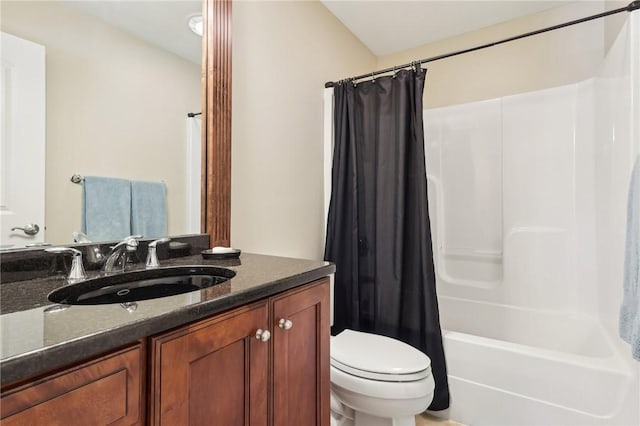 bathroom with vanity, shower / bathtub combination with curtain, and toilet