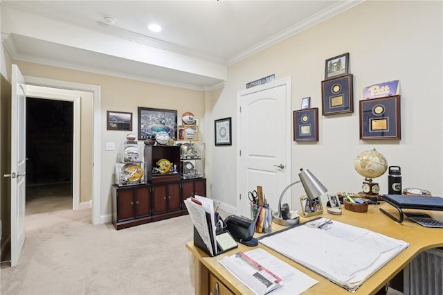 office with baseboards, ornamental molding, and light carpet