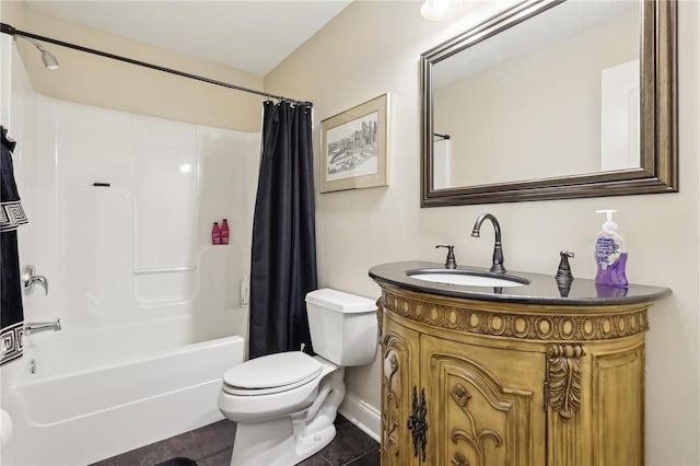 full bathroom with shower / bath combination with curtain, tile patterned floors, baseboards, vanity, and toilet