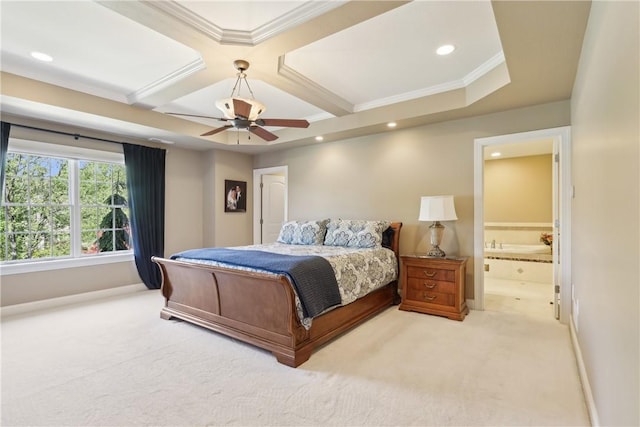 carpeted bedroom with beam ceiling, baseboards, ornamental molding, coffered ceiling, and recessed lighting