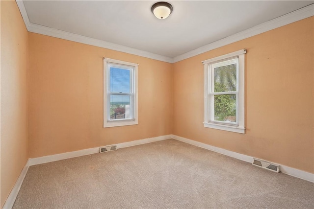 empty room featuring crown molding, carpet, and a healthy amount of sunlight