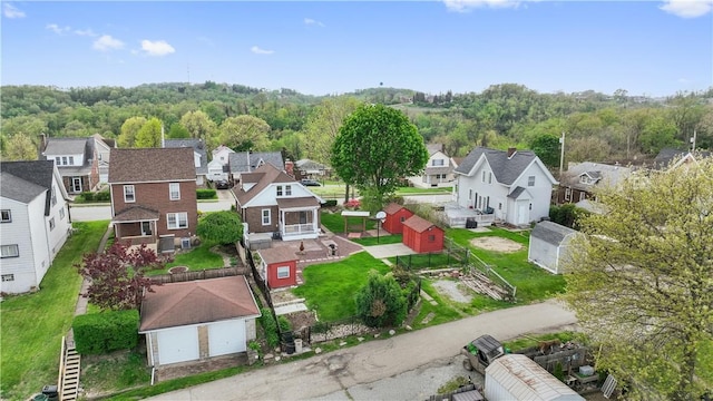 birds eye view of property featuring a view of trees and a residential view