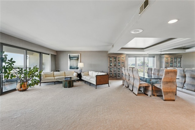 111 Grandview Ave Unit 801, Mt Washington, PA 15211 - living room featuring carpet flooring, visible vents, and a raised ceiling
