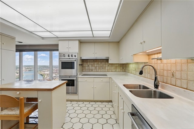 111 Grandview Ave Unit 801, Mt Washington, PA 15211 - kitchen featuring black electric stovetop, decorative backsplash, a sink, and double oven