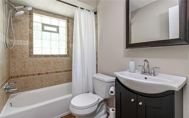 bathroom featuring vanity, toilet, and shower / tub combo with curtain