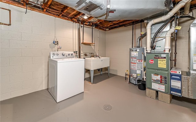 clothes washing area with laundry area, a sink, gas water heater, concrete block wall, and washer / clothes dryer