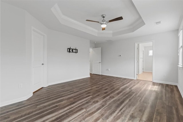 238 Gabriel Dr, Adams Twp, PA 16046 - spare room featuring a tray ceiling, a ceiling fan, dark wood finished floors, crown molding, and baseboards