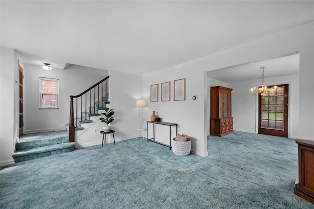 4044 Cloverlea St, Brentwood, PA 15227 - unfurnished living room featuring an inviting chandelier, baseboards, stairway, and carpet