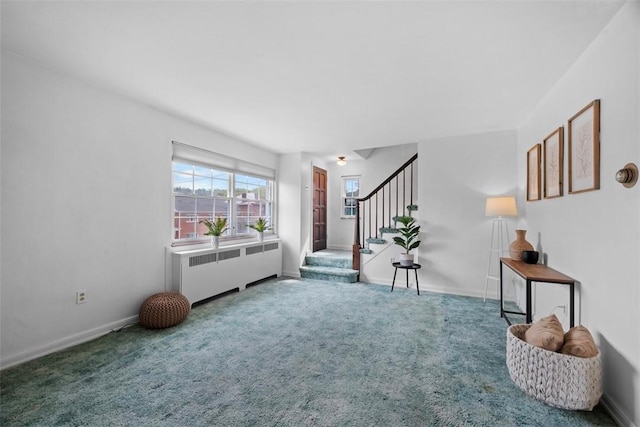 4044 Cloverlea St, Brentwood, PA 15227 - interior space featuring radiator heating unit, carpet floors, baseboards, and stairway