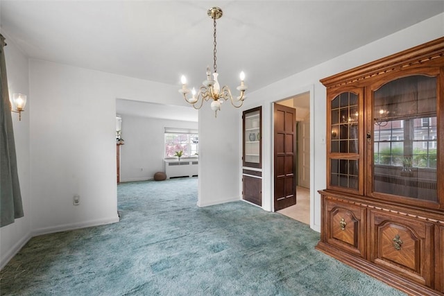 4044 Cloverlea St, Brentwood, PA 15227 - unfurnished dining area featuring baseboards, carpet, a chandelier, and radiator