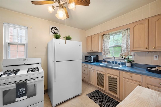 4044 Cloverlea St, Brentwood, PA 15227 - kitchen featuring white appliances, a ceiling fan, a sink, and light brown cabinets