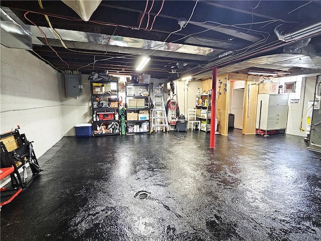 unfinished below grade area with concrete block wall and electric panel