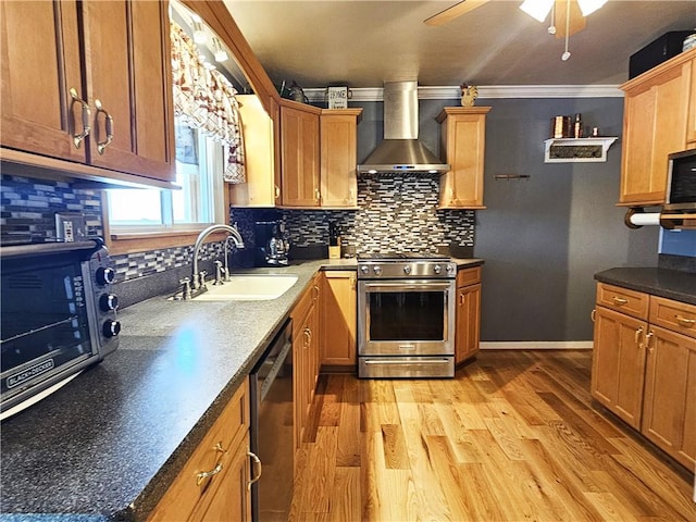 kitchen featuring wall chimney range hood, tasteful backsplash, a sink, light wood-style floors, and stainless steel appliances