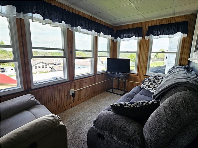 carpeted living room featuring wood walls