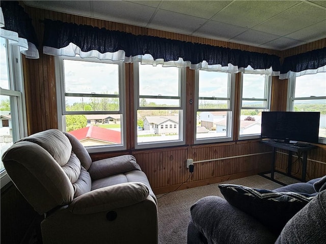 carpeted living room with wood walls